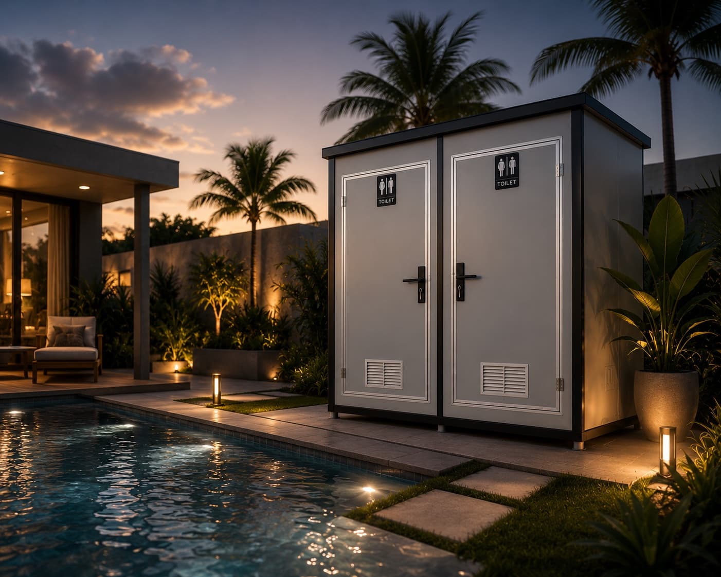 NOVAMOD Essential Duo installed beside a luxury pool at twilight — Florida backyard setting