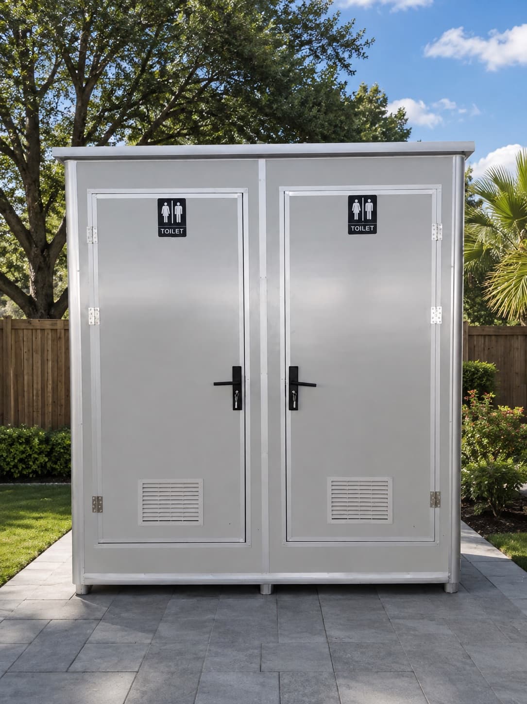 NOVAMOD Family Bathroom exterior — double modular bathroom installed in a Florida residential backyard