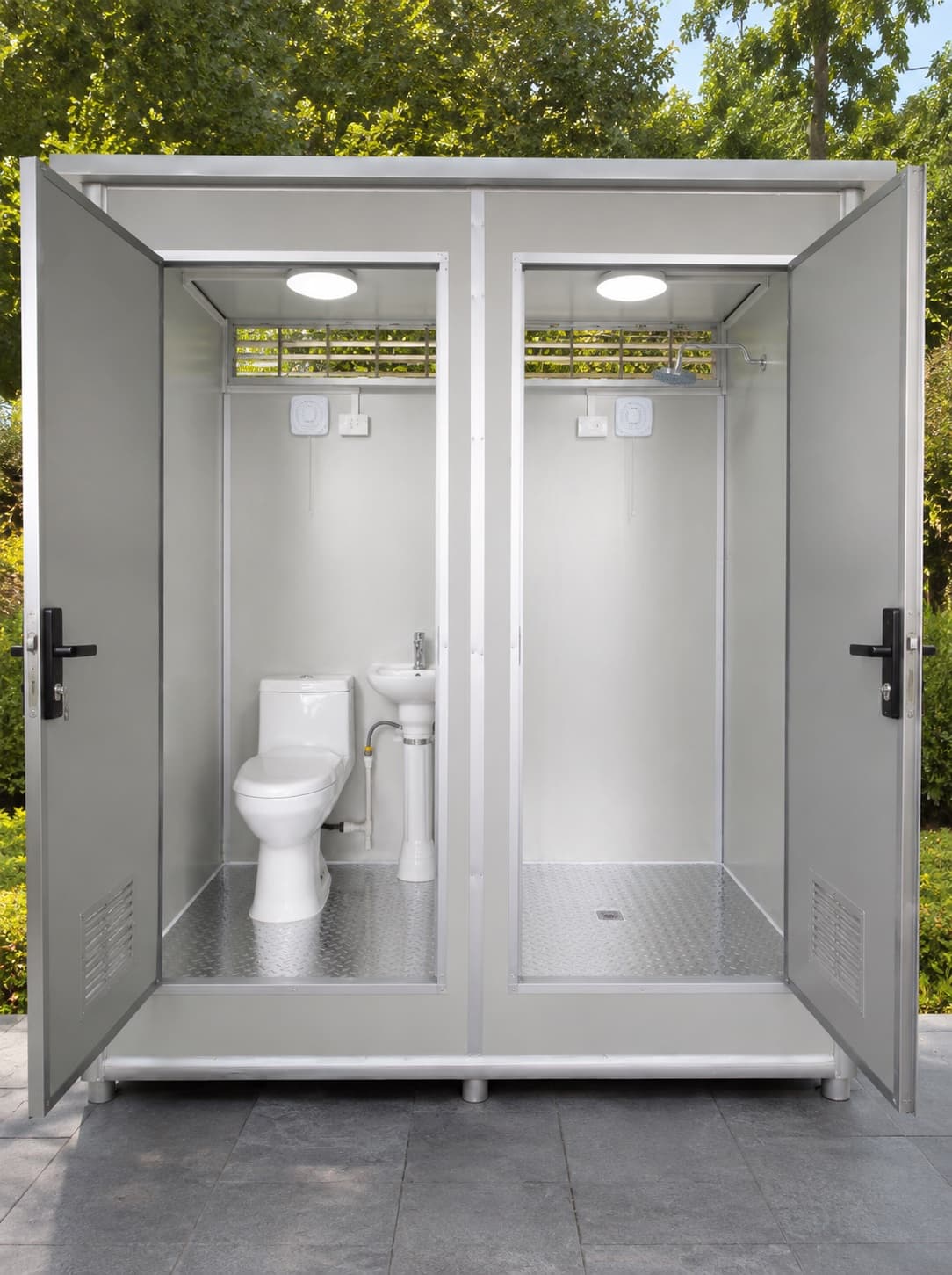 NOVAMOD Family Bathroom interior — toilet and sink cabin plus shower cabin, both fully equipped