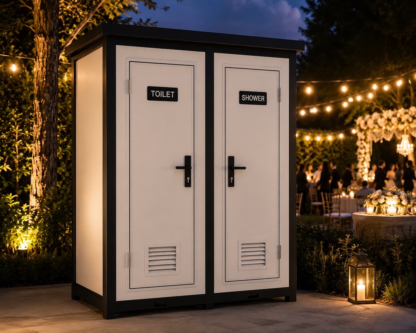 Cascade Pro modular bathroom unit at an elegant outdoor wedding reception at night