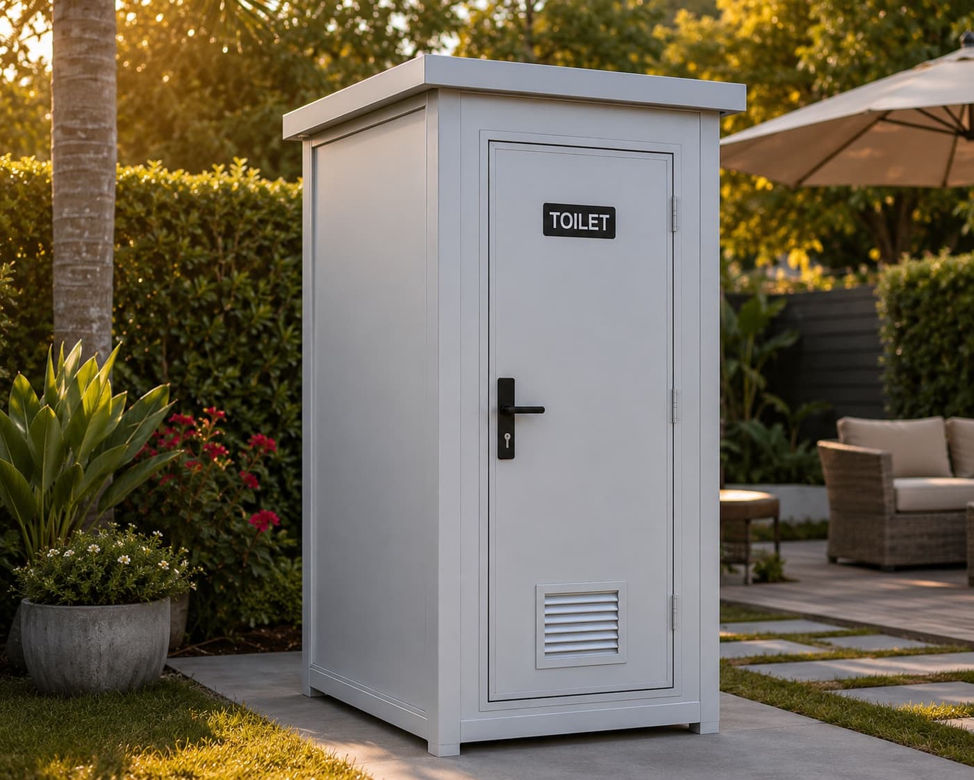Essential modular bathroom unit in a residential garden at golden hour