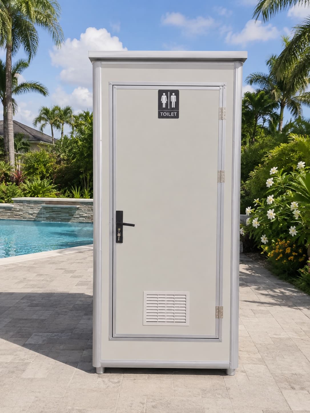 NOVAMOD Pool Bathroom exterior — modular bathroom installed beside a residential pool in Florida