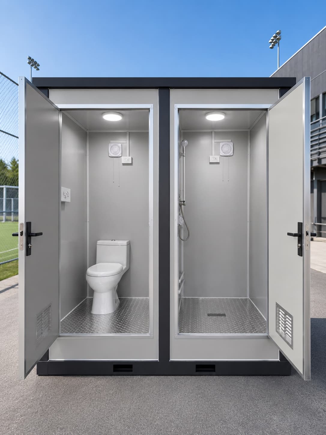 NOVAMOD Club Bathroom interior — toilet cabin and shower cabin fully equipped, installed at a sports facility