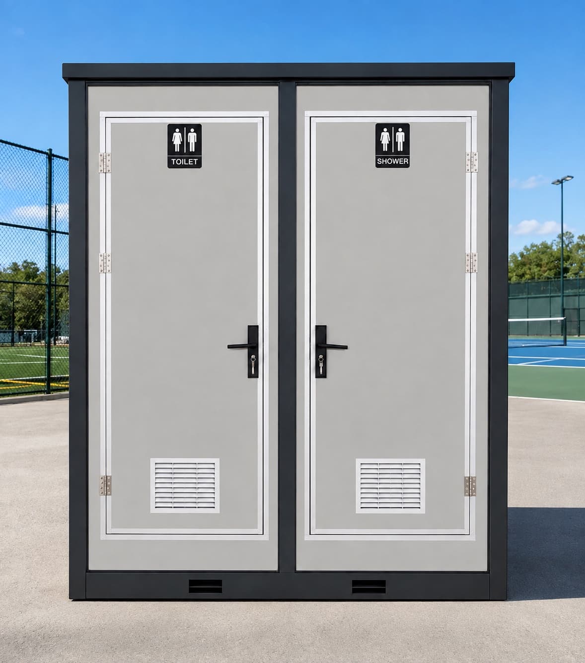 NOVAMOD Club Bathroom exterior — double modular bathroom with toilet and shower installed at a sports club with tennis courts